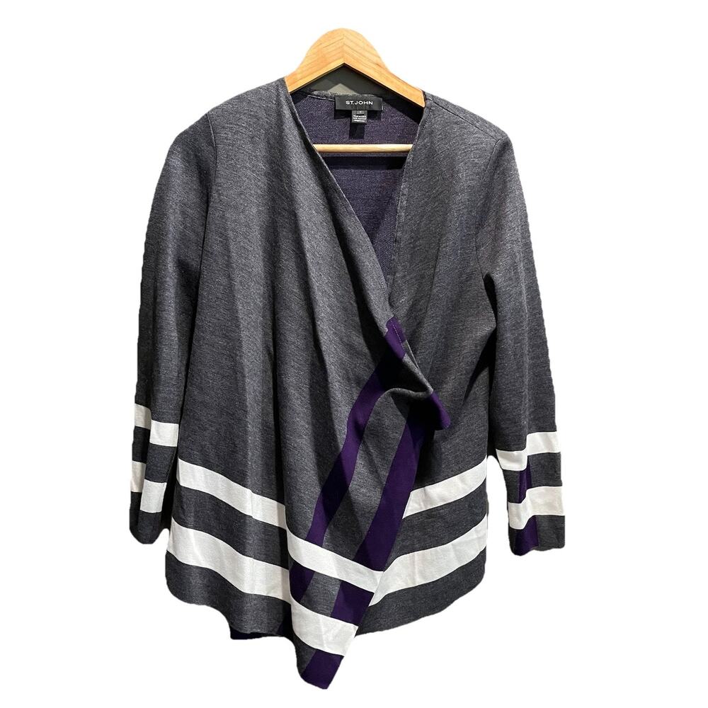 St. John Gray Purple Padded Shoulders‎ Women's Wrap Sweater Size Large